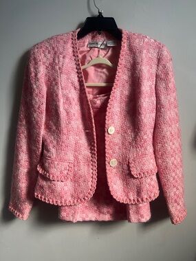 Vintage Anne Klein 80s 90s Pink Tweed Gingham Checked Cropped Blazer  and skirt